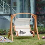 Outsunny Wooden Porch Swing Chair A-Frame Wood Log Swing Bench Chair With Canopy and Cushion for Patio Garden Yard