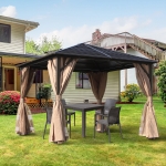 Outsunny 10' x 10' Aluminum Frame Hardtop Gazebo with Mosquito Netting and Curtains Brown