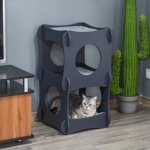 PawHut Wooden Cat House Foldable Kitten Cave 2 In 1 Design Condo Pet Bed with Soft Removable Washable Cushions Scratching Pad Suitcase Style Easy to Carry Grey(c-4)
