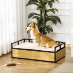 PawHut Elevated Dog Bed, Furniture Style Pet Couch, Soft Modern Puppy Sofa, with Storage Drawer, Washable Cushion, Steel Frame, for Medium Dogs, Oak