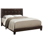 Monarch Queen Size Contemporary Upholstered Bed Frame with Tufted Headboard and Wood Legs - Dark Brown Leather Look