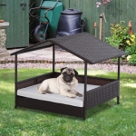 Outsunny PawHut Elevated Rattan Dog Bed Pet Home Indoor Outdoor Wicker Dog Cot Dog House Pet Furniture Sofa Bed with Padded Cushion and Roof Shelter Grey(c-2)