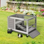 PawHut Wooden Indoor Rabbit Hutch Elevated Cage Habitat with Enclosed Run with Wheels, Ideal for Rabbits and Guinea Pigs, Grey