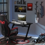 HOMCOM 47.25" Gaming Desk Computer Home Office Gamer Table Z Shape Workstation with Cup Holder, Headphone Hook, Cable Management, Black