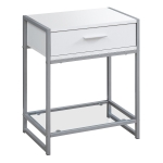 Monarch 22" Modern Compact End Table Night Stand with Storage Drawer, Metal Base and Clear Tempered Glass Bottom Shelf - White / Silver Metal Base