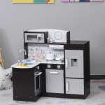 Qaba Black Kids Kitchen Play Cooking Toy Set for Children with Drinking Fountain, Microwave, and Fridge with Accessories Black