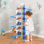 Qaba 7-Level Car Parking Garage Toy Dual Race Tracks Car Ramp Set Toddler Car Games w/ Electric Elevator Wash, Gas, Ejector & Car Repair Station Metal Cars for 3-6 Years Old
