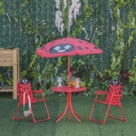 Outsunny Kids Folding Picnic Table and Chair Set Ladybug Pattern Outdoor Garden Patio Backyard with Removable & Height Adjustable Sun Umbrella Red