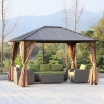 Outsunny 12x10ft Hardtop Patio Deluxe Steel Gazebo Garden Sun Shelter Aluminum Frame Heavy Duty Outdoor Hardroof Pavilion with Curtains and Netting Brown