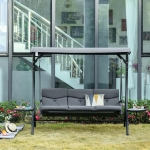 Outsunny 3 Seat Swing Chair Steel Swing Bench Chair With Adjustable Canopy & Coffee Tables & Cushion for Patio Garden
