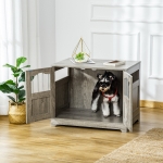 PawHut Wooden Dog Cage with Windows, End Table Furniture Style, Modern Pet Kennel with Lockable Doors Elevated Base for Small and Medium-sized Dogs, Grey