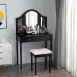 HOMCOM Luxury Wooden Vanity Dressor Set Dressing Table and Stool Make-up Furniture with 3 Mirrors (Black)