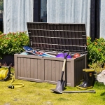 Outsunny Plastic Deck Storage Container Box Outdoor Garden Bench Patio Furniture 77 Gal with Handles, Padlock Eyes, Grey, 56" x 26" x 24"