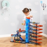 Qaba 7-Level Car Parking Garage Toy Race Tracks Car Ramp Set Toddler Car Games w/ Cars & Helicopter Elevator Gas Station Car Repair Station for 3-6 Years Old