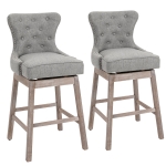 HOMCOM Upholstered Fabric Bar Height Bar Stools Set of 2, 180° Swivel Nailhead-Trim Pub Chairs, 30" Seat Height with Rubber Wood Legs, Grey