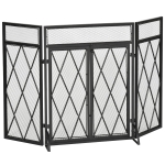 HOMCOM 3-Panel Folding Fireplace Screen for Wood Burning with Double Doors, Home Heavy Duty Steel Fire Spark Guard, 47.25" x 31", Black
