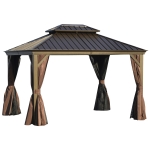 Outsunny 12' x 10' Outdoor Hardtop Patio Gazebo with Galvanized Steel Frame, Netting Sidewalls, Privacy Curtains - Brown
