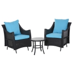 Outsunny 3Pcs Rattan Glider Chairs Set Patio Conversation Furniture w/ Tempered Glass Table and Cushion Blue