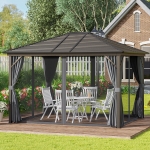 Outsunny 12x10ft Deluxe Steel Hardtop Patio Gazebo Garden Sun Shelter Aluminum Frame Heavy Duty Outdoor Pavilion with Curtains and Netting, Grey