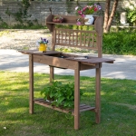 Outsunny Outdoor Garden Potting Bench Table Foldable Work Bench w/ Open Shelf Metal Tabletop Natural Wood Frame 33.5"x17.25"x35" Yellow(c-5)