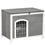 PawHut Raised Wooden Dog House Indoor & Outdoor Dog Cage Kennel Cat House w/ Lockable Door Openable Roof Removable Bottom for Small and Medium Pets, Grey