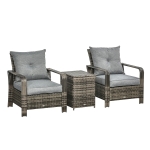 Outsunny 3 Piece PE Rattan Patio Chairs Porch Furniture Set with 2 Chairs Padded Seats & 1 Side Table with Storage - Grey
