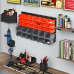 DURHAND Wall Mounted Storage Bin Rack Tool Organizer with 30 Bins Pegboard for Garage Workshops