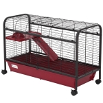 PawHut 41" L Small Animal Cage Rabbit Guinea Pig Hutch Pet Play House with Feeder, Rolling Wheels, Platform, Ramp