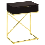 Monarch 24" Contemporary End Table Night Stand with Large Storage Drawer and Metal X-Design Frame - Cappuccino Wood Grain-Look / Gold Metal Base