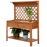 Outsunny Garden Potting Bench, Outdoor Wooden Workstation Table w/ Metal Screen, Drawer, Hooks, Storage Shelf, and Lattice Back for Patio, Backyard and Porch