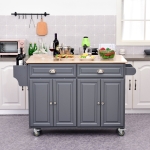 HOMCOM Rolling Kitchen Island on Wheels Ultility Cart with Drop-Leaf and Rubber Wood Countertop, Storage Drawer, Door Cabinet, Grey