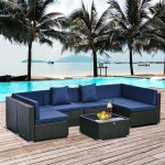 Outsunny 7pc Garden Wicker Sectional Set w/ Tea Table Patio Rattan Lounge Sofa with Cushion Outdoor Deck Furniture All Weather Deep Blue
