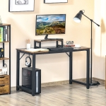 HOMCOM Industrial Style Computer Desk, Home Office Writing Desk, PC Laptop Workstation with Raised Monitor Stand, Side Hook, Adjutable Feet, Rustic Brown and Black