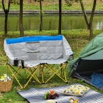 Outsunny Double Seat Camping Chair Folding Lawn Loveseat w/ Storage Pocket & Cup Holder Compact and Sturdy in a Bag for Outdoor, Beach, Picnic, Hiking, Travel, Blue & Grey