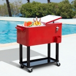 Outsunny 80 Quart Rolling Cooler Cart Portable Patio Ice Beer Beverage Cooling Bin for Outdoor Party w/ Bottle Opener & Storage Shelf Red