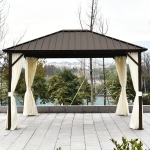 Outsunny 12'x9.8' Outsunny Hardroof Gazebo aluminum frame with galvanized steel hardtop zipper netting and curtains Beige/Bronze