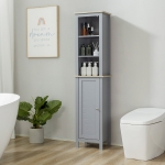 kleankin Bathroom Floor Storage Cabinet with 3 Tier Shelf and Cupboard with Door, Free Standing Linen Tower, Tall Slim Side Organizer Shelves, Grey