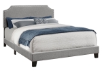 Monarch Queen Size Contemporary Upholstered Bed Frame with Cutout Headboard, Chrome Nail Head Trim and Wood Legs - Grey Linen Look