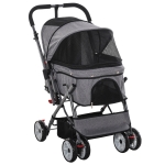 PawHut Pet Stroller Foldable Dog/Cat Travel Carriage with Reversible Handle EVA Wheels Brakes Storage Bag, 3-stage Canopy, Zippered Mesh Window Door, Grey