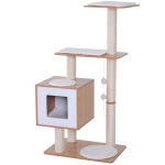 PawHut 47" Wood Cat Tree Kitty Scratching Post Kitten House Condo Activity Center Modern Pet Furniture w/Cushions Oak Wood and White
