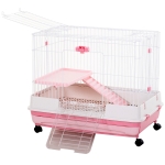 PawHut 32" Indoor Rabbit Cage Rolling Small Animal Crate Ferrets Chinchillas Hutch Pull Out Tray Pet Furniture with Wheels - Pink