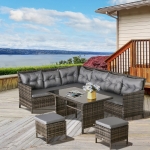 Outsunny 6pcs Outdoor Rattan Sofa Set Garden Wicker Sectional Couch Patio Furniture Set 8 Seats Dining Table and Chair Cushion Gery