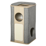 PawHut Wooden Cat Condo 3 Story Barrel Tower w/ Perch Removable Cover Cushions Sisal Scratching Carpet - Grey