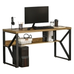 HOMCOM 55'' Home Office Computer Writing Desk, Corner Workstation, Laptop Table with K-Shaped Steel Leg and Storage Shelf, Brown and Black