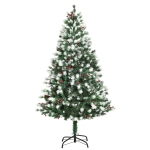 HOMCOM 5ft Artificial Snow-Flocked Pine Tree Holiday Home Christmas Decoration with Red Berries - Automatic Open