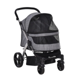 PawHut Travel Pet Stroller with Adjustable Handlebar, PVC Wheel Brake, Storage Bag, Mesh Window and Safety Leash, Grey