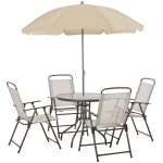 Outsunny 6 Piece Patio Dining Set for 4 with Umbrella, 4 Folding Dining Chairs & Round Glass Table for Garden, Backyard and Poolside, Beige