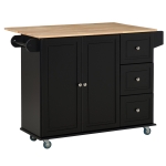 HOMCOM Mobile Kitchen Island Storage Trolley Cart on Wheels with Dropleaf Top, Towel/Spice Rack, 3 Drawers, 2-Door Cabinet, Black