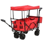 DURHAND Collapsible Folding Garden Utility Cart Wagon with Adjustable Push/Pull Handle, Canopy & All-Terrain Wheels - Red