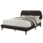 Monarch Queen Size Contemporary Upholstered Bed Frame with Padded Diamond Tufted Headboard and Brown Wood Legs - Brown Leather Look